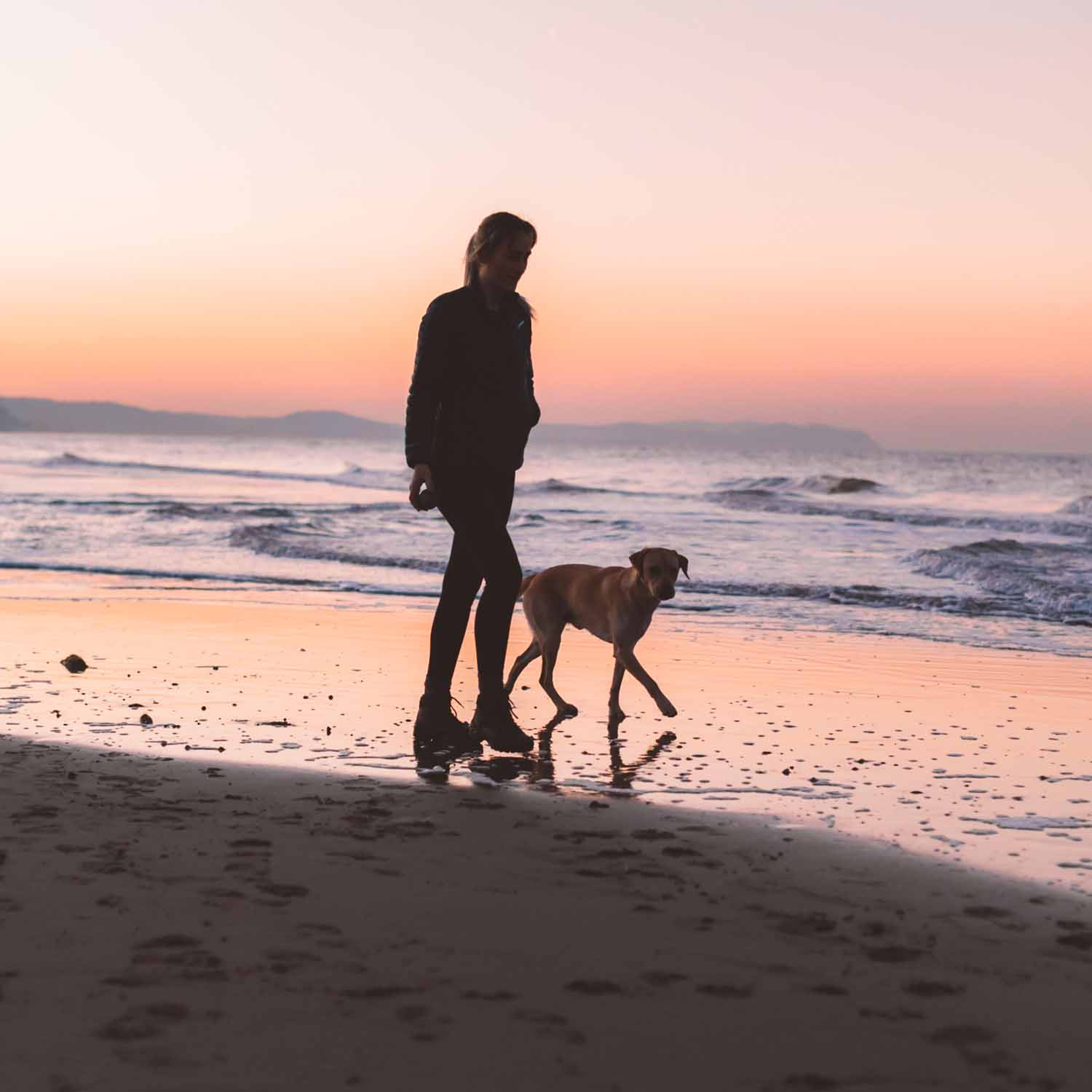 Mujer paseando por la playa con su mascota al atardecer